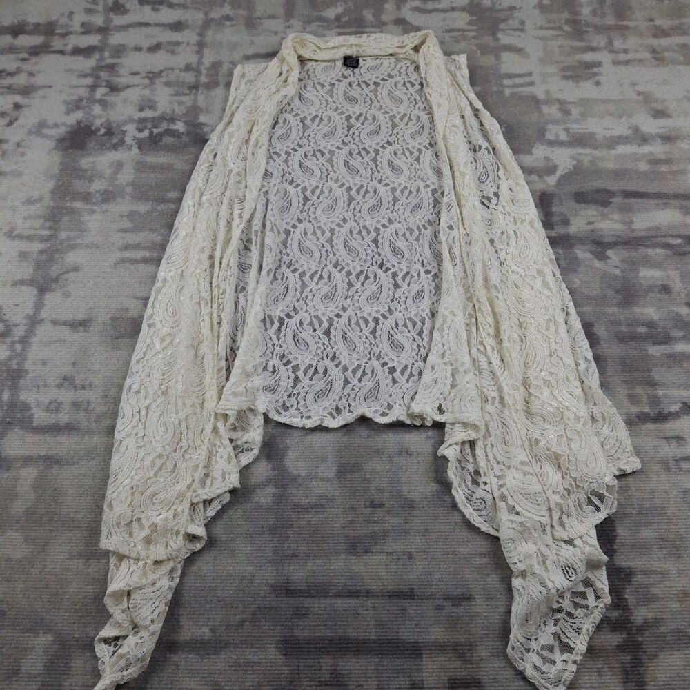 Rayon Blend Cream Floral Lace Vest Womens Sheer Waterfall Duster Cardigan Boho